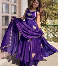 Purple fendy silk satin embroidered flared kurta plaza pant set with silk satin dupatta