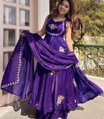 Purple fendy silk satin embroidered flared kurta plaza pant set with silk satin dupatta