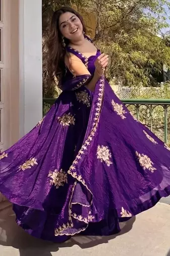 Purple fendy silk satin embroidered flared kurta plaza pant set with silk satin dupatta