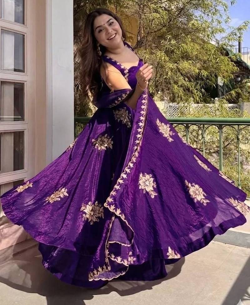 Purple fendy silk satin embroidered flared kurta plaza pant set with silk satin dupatta