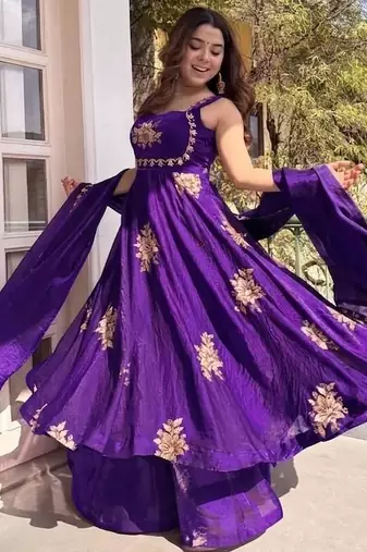 Purple fendy silk satin embroidered flared kurta plaza pant set with silk satin dupatta