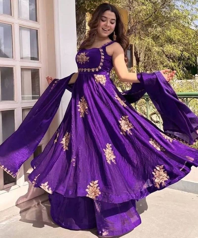 Purple fendy silk satin embroidered flared kurta plaza pant set with silk satin dupatta