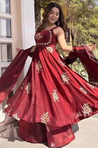 Maroon fendy silk blend satin embroidered flared kurta palazzo pant set with silk blend satin dupatta