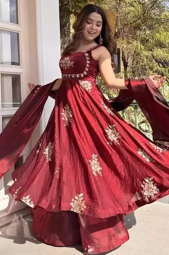Maroon fendy silk blend satin embroidered flared kurta palazzo pant set with silk blend satin dupatta