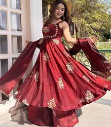 Maroon fendy silk blend satin embroidered flared kurta palazzo pant set with silk blend satin dupatta