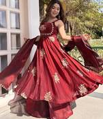 Maroon fendy silk blend satin embroidered flared kurta palazzo pant set with silk blend satin dupatta
