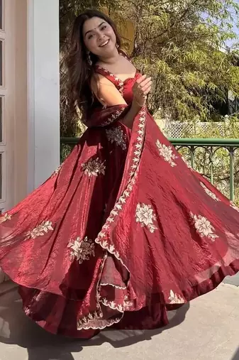 Maroon fendy silk blend satin embroidered flared kurta palazzo pant set with silk blend satin dupatta