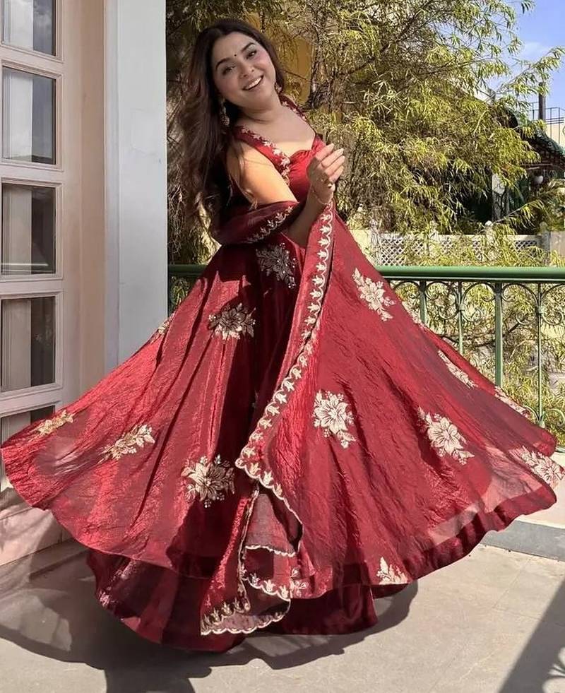 Maroon fendy silk blend satin embroidered flared kurta palazzo pant set with silk blend satin dupatta