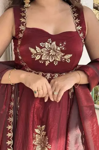 Maroon fendy silk blend satin embroidered flared kurta palazzo pant set with silk blend satin dupatta