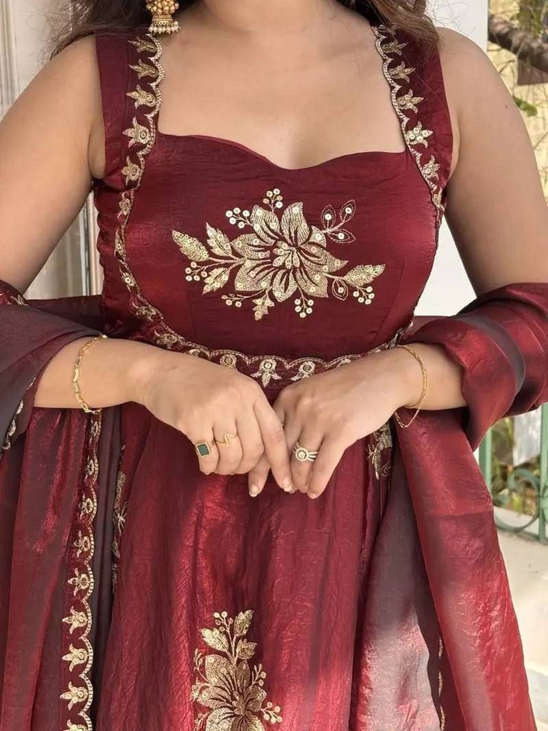 Maroon fendy silk blend satin embroidered flared kurta palazzo pant set with silk blend satin dupatta