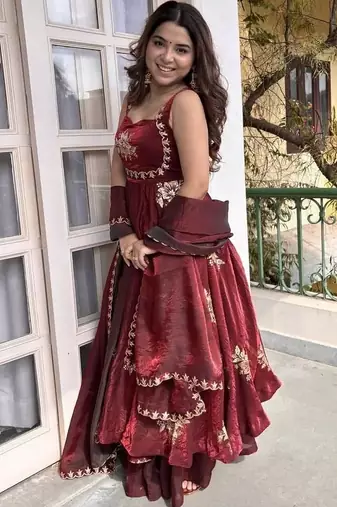 Maroon fendy silk blend satin embroidered flared kurta palazzo pant set with silk blend satin dupatta