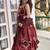 Maroon fendy silk blend satin embroidered flared kurta palazzo pant set with silk blend satin dupatta