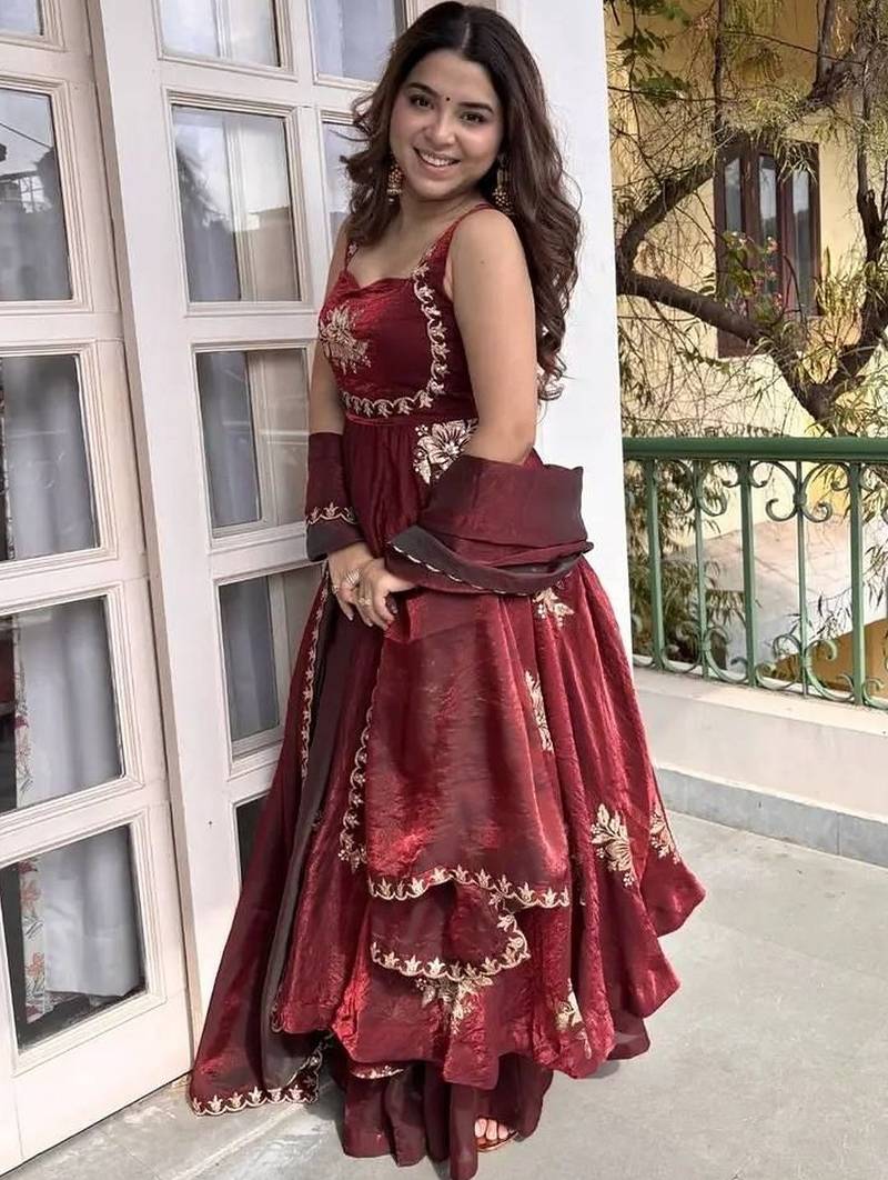 Maroon fendy silk blend satin embroidered flared kurta palazzo pant set with silk blend satin dupatta