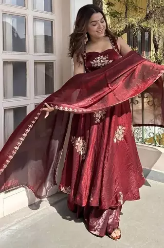 Maroon fendy silk blend satin embroidered flared kurta palazzo pant set with silk blend satin dupatta
