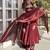 Maroon fendy silk blend satin embroidered flared kurta palazzo pant set with silk blend satin dupatta