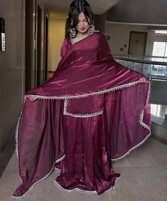 Maroon fendy silk blend satin embroidered kurta sharara set with fendy silk blend satin dupatta 2