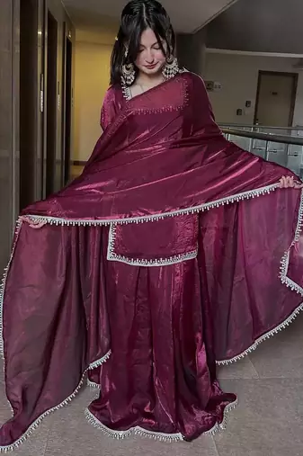 Maroon fendy silk blend satin embroidered kurta sharara set with fendy silk blend satin dupatta