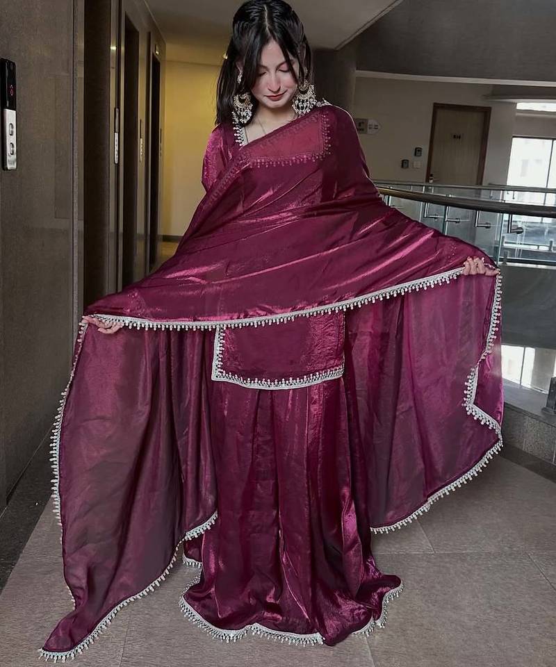 Maroon fendy silk blend satin embroidered kurta sharara set with fendy silk blend satin dupatta