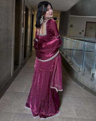 Maroon fendy silk blend satin embroidered kurta sharara set with fendy silk blend satin dupatta 3