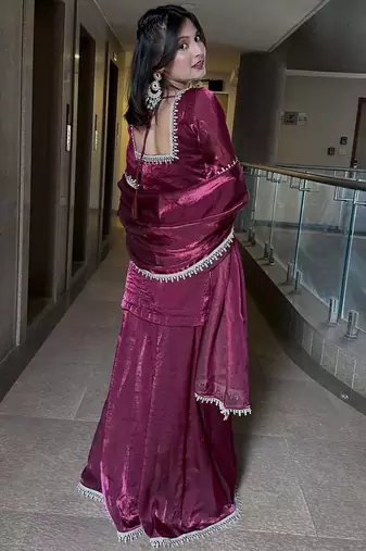 Maroon fendy silk blend satin embroidered kurta sharara set with fendy silk blend satin dupatta