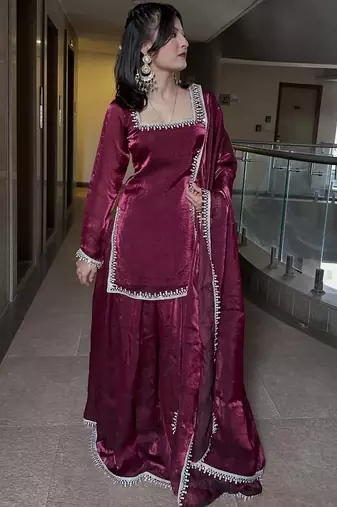 Maroon fendy silk blend satin embroidered kurta sharara set with fendy silk blend satin dupatta