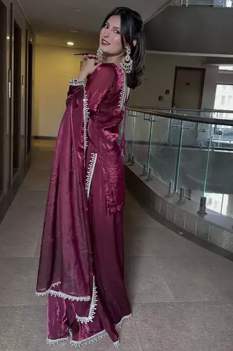 Maroon fendy silk blend satin embroidered kurta sharara set with fendy silk blend satin dupatta