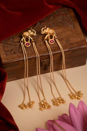 Kashmiri Gold Plated Elephant Long Chain Tassel Earrings for Women | Traditional Statement Dangler Earrings