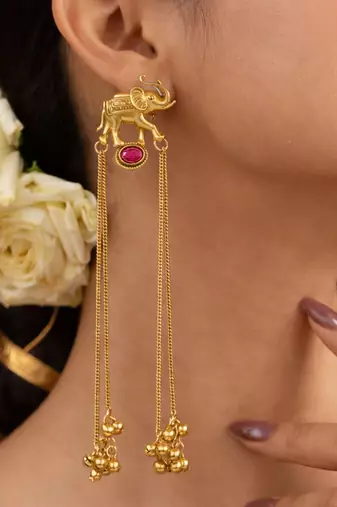 Kashmiri Gold Plated Elephant Long Chain Tassel Earrings for Women | Traditional Statement Dangler Earrings