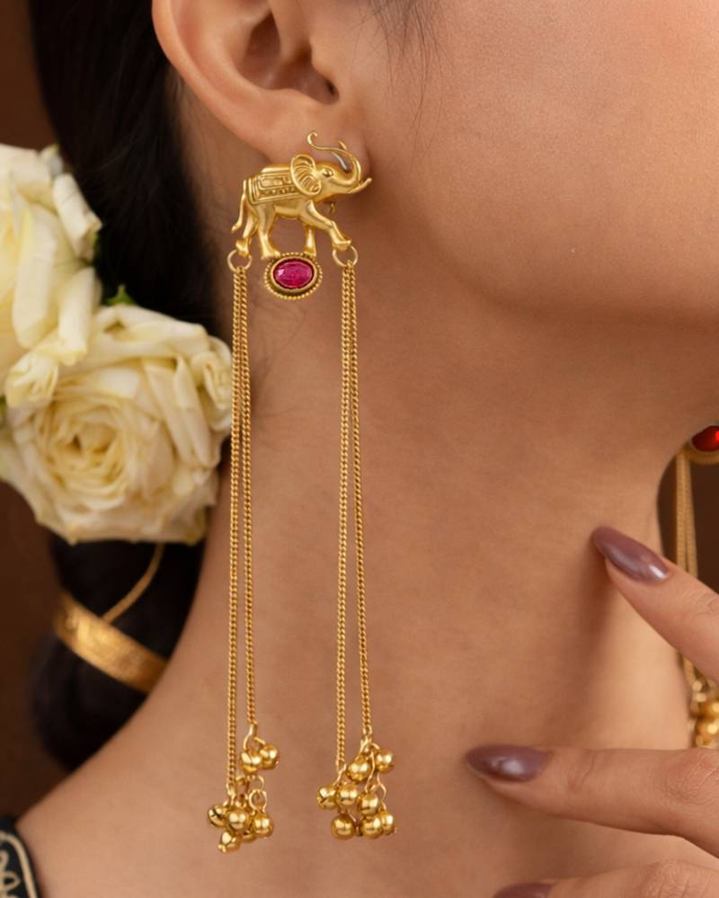 Kashmiri Gold Plated Elephant Long Chain Tassel Earrings for Women | Traditional Statement Dangler Earrings