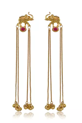 Kashmiri Gold Plated Elephant Long Chain Tassel Earrings for Women | Traditional Statement Dangler Earrings