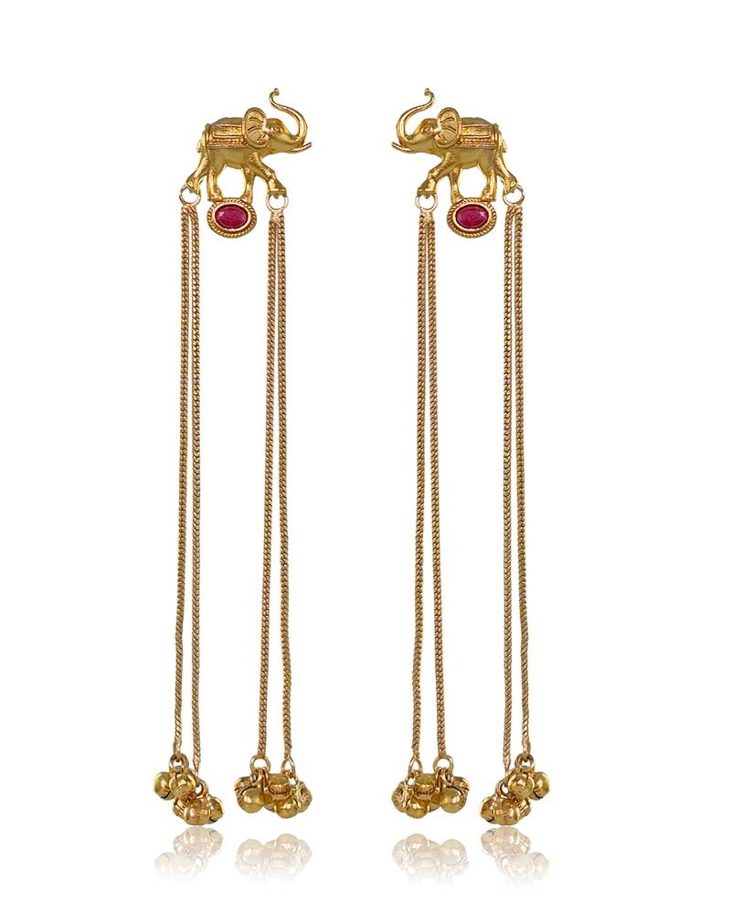 Kashmiri Gold Plated Elephant Long Chain Tassel Earrings for Women | Traditional Statement Dangler Earrings
