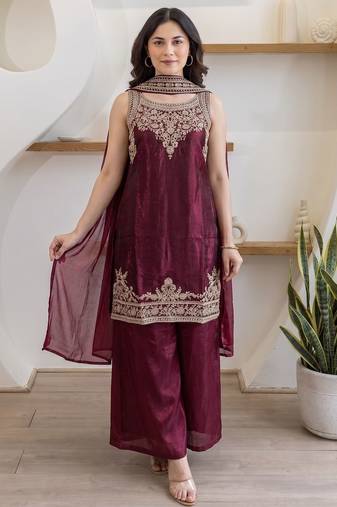 Maroon fendy satin embroidered kurta sharara set with fendy satin dupatta