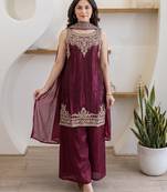 Maroon fendy satin embroidered kurta sharara set with fendy satin dupatta