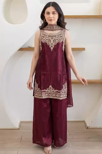 Maroon fendy satin embroidered kurta sharara set with fendy satin dupatta
