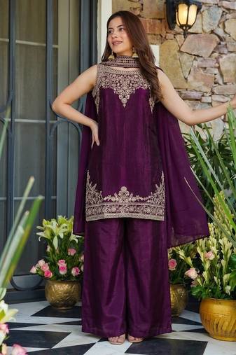 Wine fendy satin embroidered kurta sharara set with fendy satin dupatta