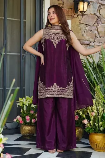 Wine fendy satin embroidered kurta sharara set with fendy satin dupatta