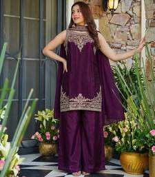 Wine fendy satin embroidered kurta sharara set with fendy satin dupatta