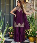 Wine fendy satin embroidered kurta sharara set with fendy satin dupatta