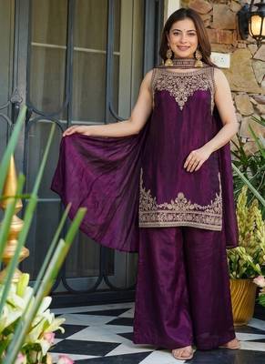 Wine fendy satin embroidered kurta sharara set with fendy satin dupatta 5
