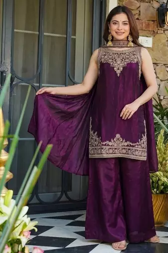 Wine fendy satin embroidered kurta sharara set with fendy satin dupatta