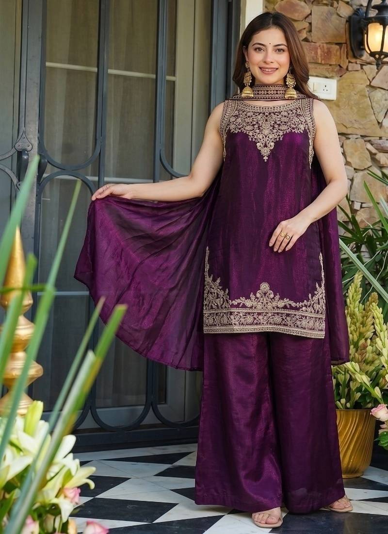 Wine fendy satin embroidered kurta sharara set with fendy satin dupatta