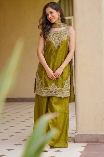 Olive fendy satin embroidered kurta sharara set with fendy satin dupatta