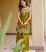 Olive fendy satin embroidered kurta sharara set with fendy satin dupatta