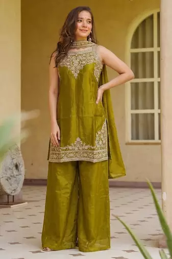 Olive fendy satin embroidered kurta sharara set with fendy satin dupatta