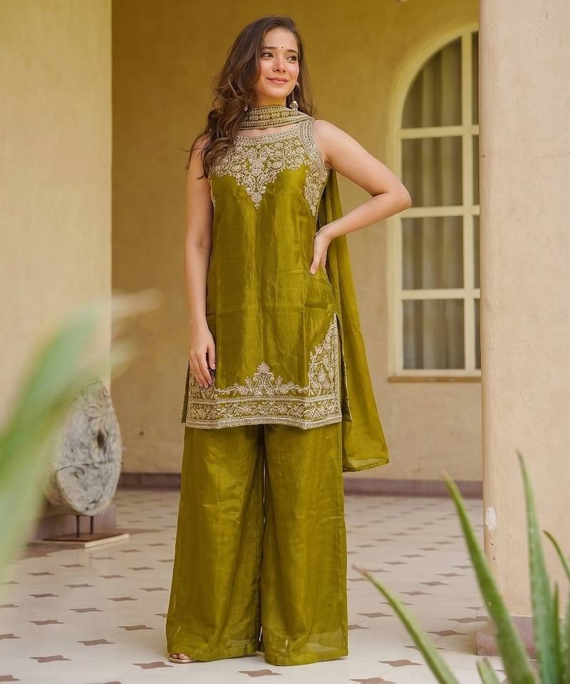 Olive fendy satin embroidered kurta sharara set with fendy satin dupatta