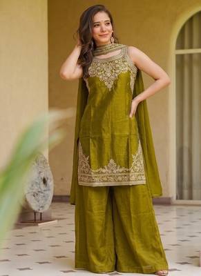 Olive fendy satin embroidered kurta sharara set with fendy satin dupatta 4
