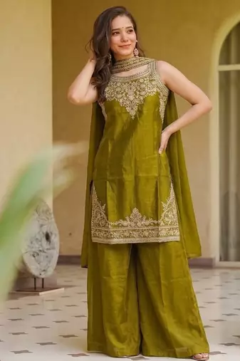 Olive fendy satin embroidered kurta sharara set with fendy satin dupatta