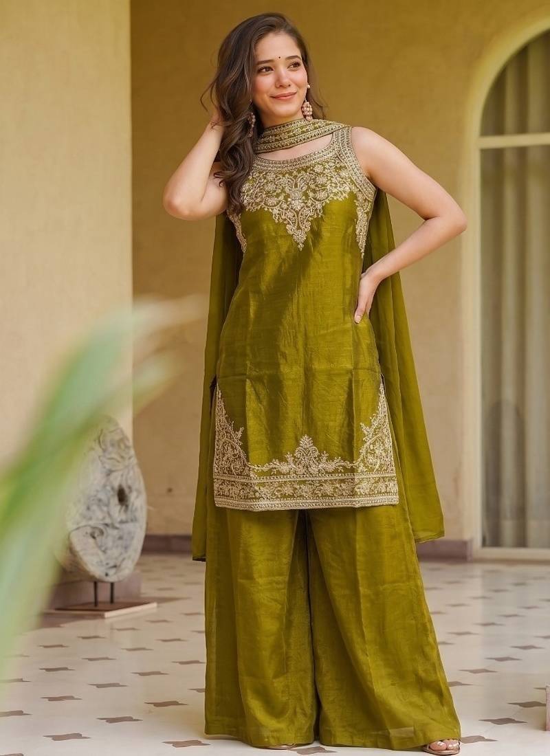 Olive fendy satin embroidered kurta sharara set with fendy satin dupatta