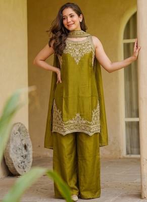 Olive fendy satin embroidered kurta sharara set with fendy satin dupatta 5
