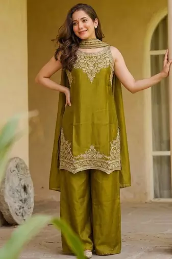Olive fendy satin embroidered kurta sharara set with fendy satin dupatta